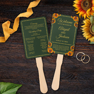 Sunflower Wedding Green & Gold Wedding Program Hand Fan