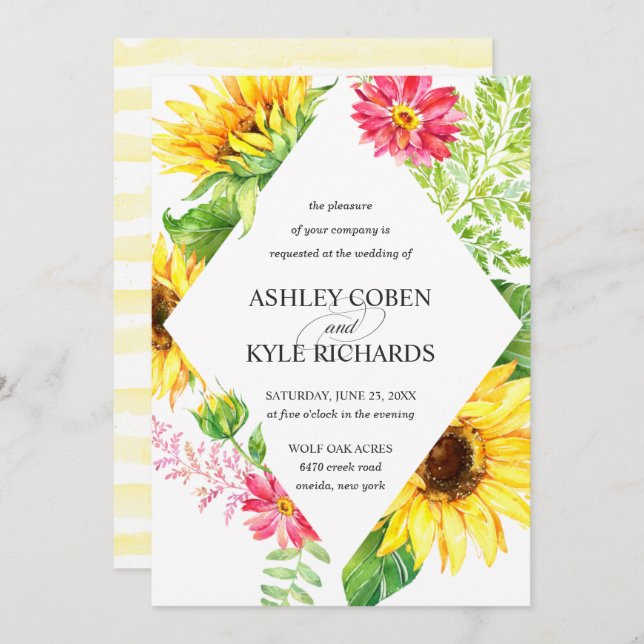 Sunflower wedding invitation in yellow (Front/Back)