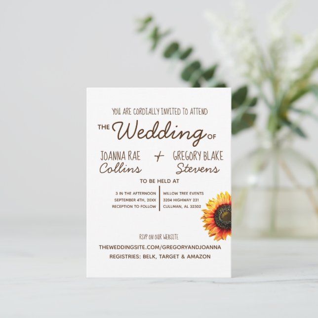 Sunflower Wedding Invitation Postcard (Standing Front)