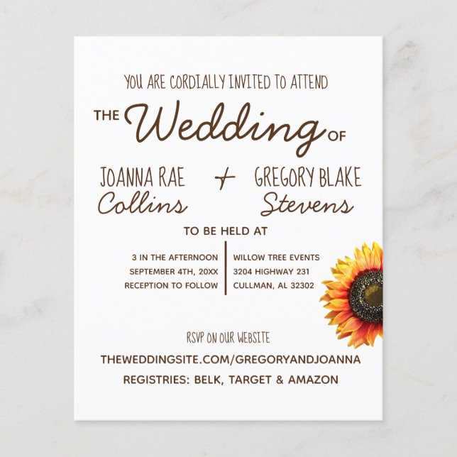 Sunflower Wedding Invitation Postcard Flyer (Front)