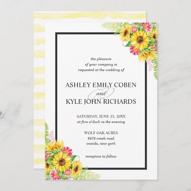 Sunflower wedding invitation with pink flowers (Front/Back)