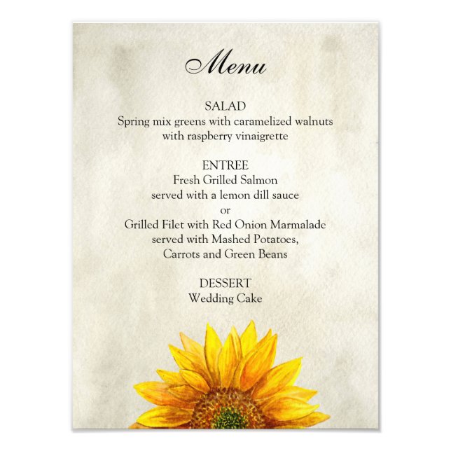 Sunflower wedding menu poster. Rustic dinner menu Photo Print (Front)