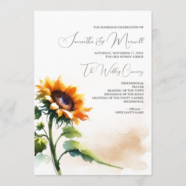Sunflower Wedding Program - Vintage Programme (Front)
