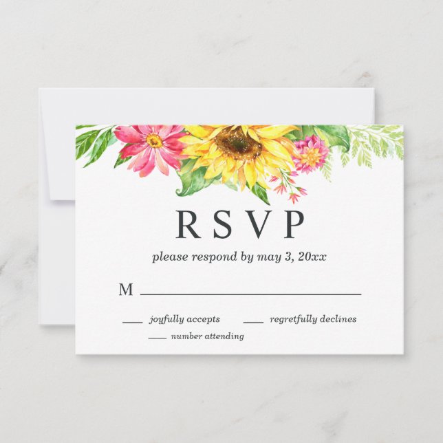 Sunflower Wedding RSVP Card with Number Attending (Front)