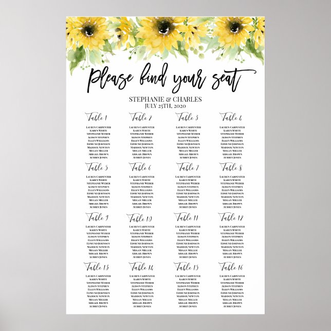Sunflower Wedding Seating Chart (Front)
