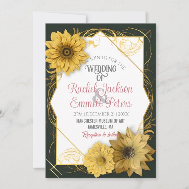 Sunflower Wedding Soft Colour Customise Gold Frame Invitation (Front)