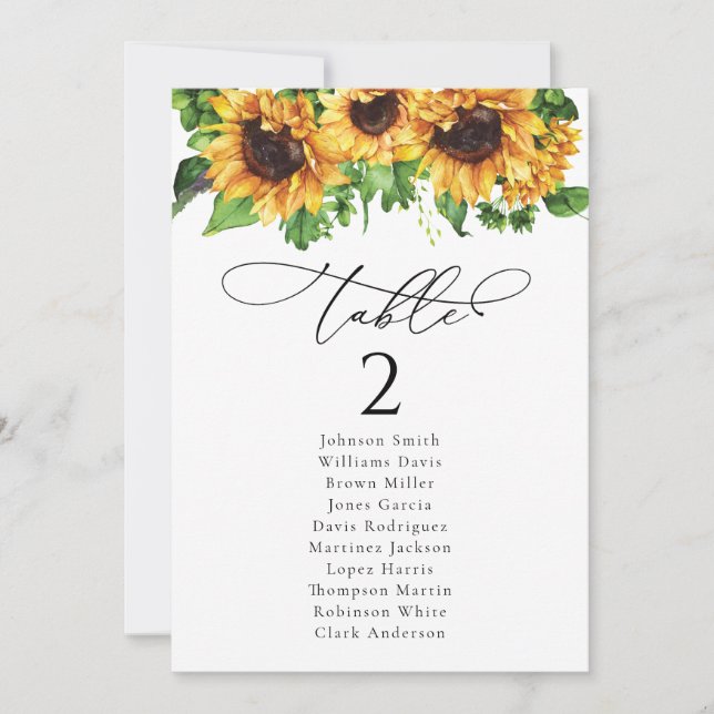 Sunflower Wedding Table Seating Chart Cards (Front)