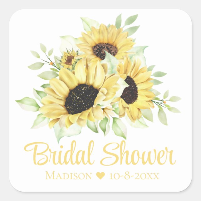 Sunflower Wedding Watercolor Floral Bridal Shower Square Sticker (Front)