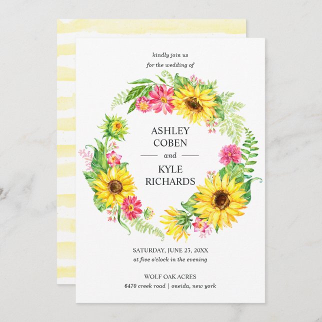 Sunflower wedding with wreath on white background invitation (Front/Back)