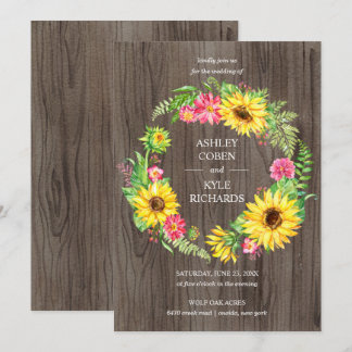 Sunflower wedding with wreath on wood background invitation