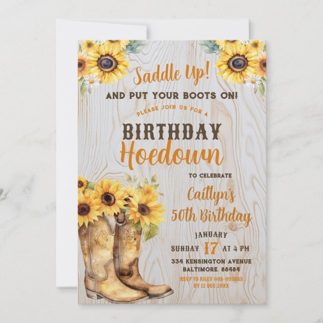 Sunflower Western Hoedown Rustic Birthday Cowgirl Invitation (Front)