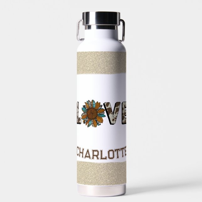 Sunflower Western Love Boho Summer Gold Paint Water Bottle (Front)