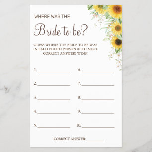 Sunflower Where was She Bridal shower game card
