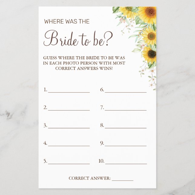 Sunflower Where was She Bridal shower game card (Front)