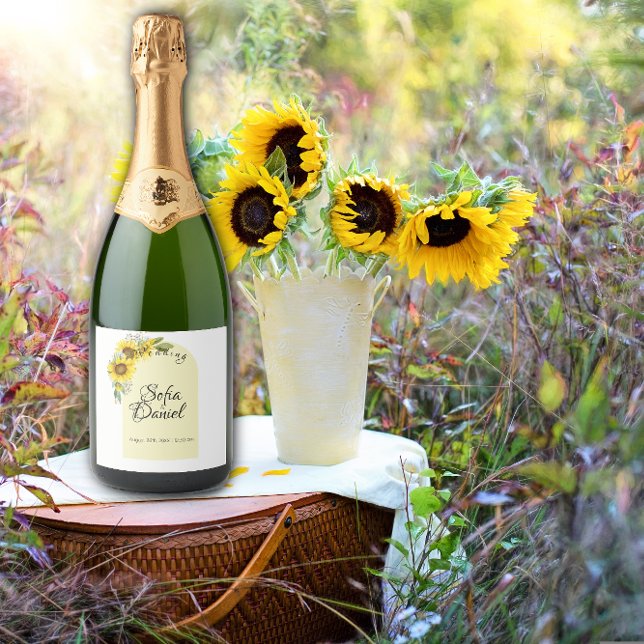 Sunflower white daisy arch elegant sparkling wine label (Creator Uploaded)