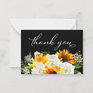 Sunflower & White Floral Black 2B Small Thank You Card