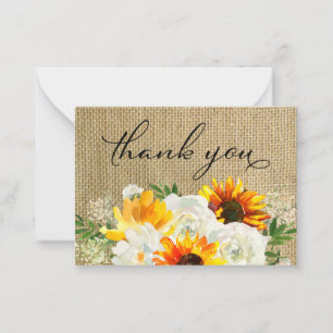 Sunflower & White Floral Burlap 2B Small Thank You Card