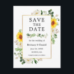 Sunflower White Floral Greenery Save The Date Postcard<br><div class="desc">Modern Watercolor Eucalyptus Greenery White Floral Sunflowers Gold Frame Save The Date Engagement Announcement Postcard</div>