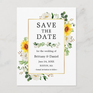 Sunflower White Floral Greenery Save The Date Postcard