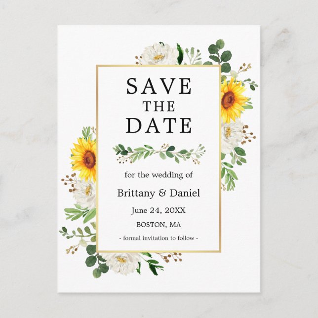 Sunflower White Floral Greenery Save The Date Postcard (Front)