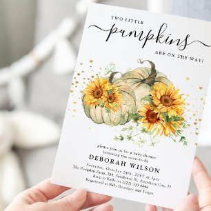 Sunflower White Pumpkins Twins Fall Baby Shower Invitation