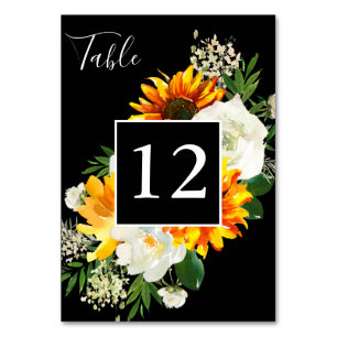 Sunflower & White Rose Artsy Floral - Black 2 Table Number
