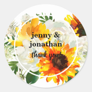 Sunflower & White Rose Burlap Thank You- White Classic Round Sticker