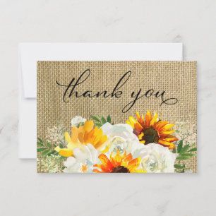 Sunflower & White Rose Floral 2 Burlap Thank You Card