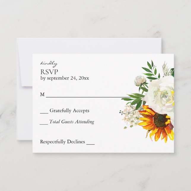 Sunflower & White Rose Floral Artsy no Meal RSVP Card (Front)