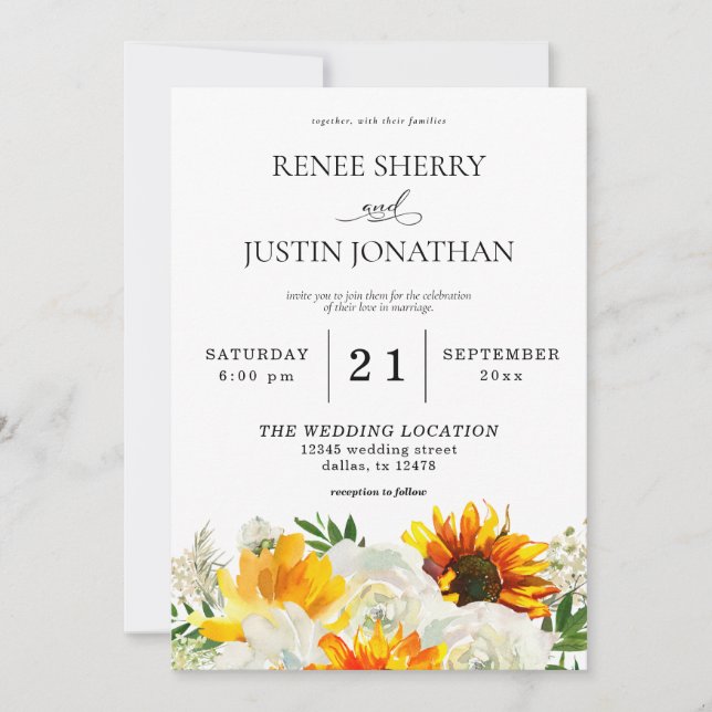 Sunflower & White Rose Floral Wedding 2 Invitation (Front)