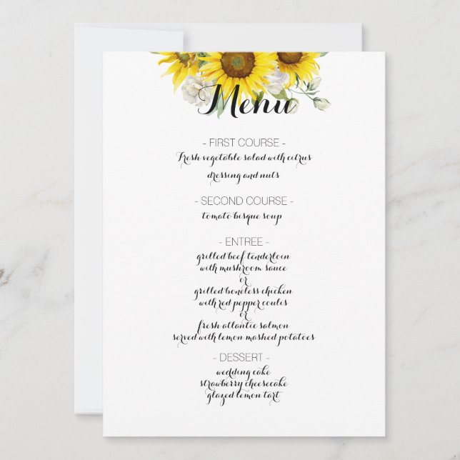 Sunflower white rose rustic wedding menu (Front)