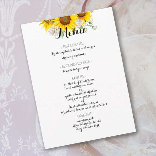Sunflower white rose rustic wedding menu (Creator Uploaded)
