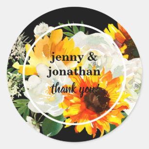 Sunflower & White Rose Thank You- Black Classic Round Sticker