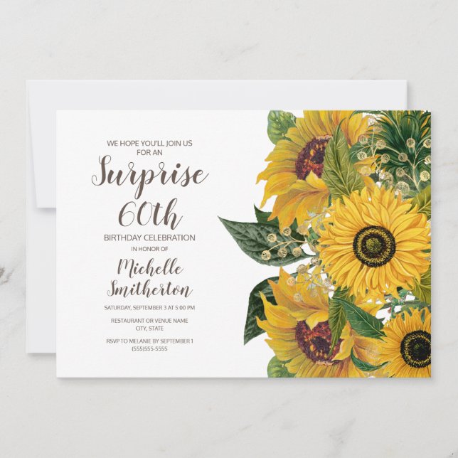 Sunflower White Yellow Surprise 60th Birthday Invitation (Front)