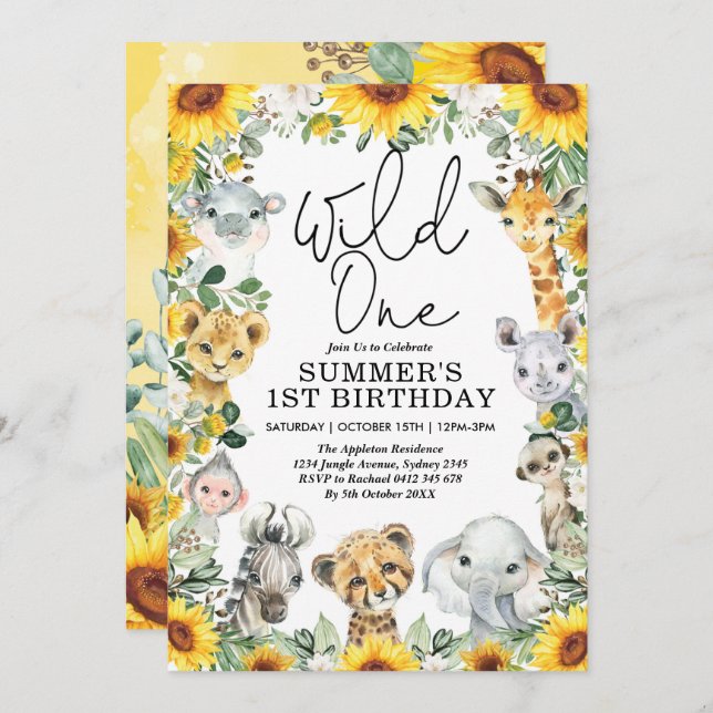 Sunflower Wild One Jungle Safari Animals Birthday Invitation (Front/Back)
