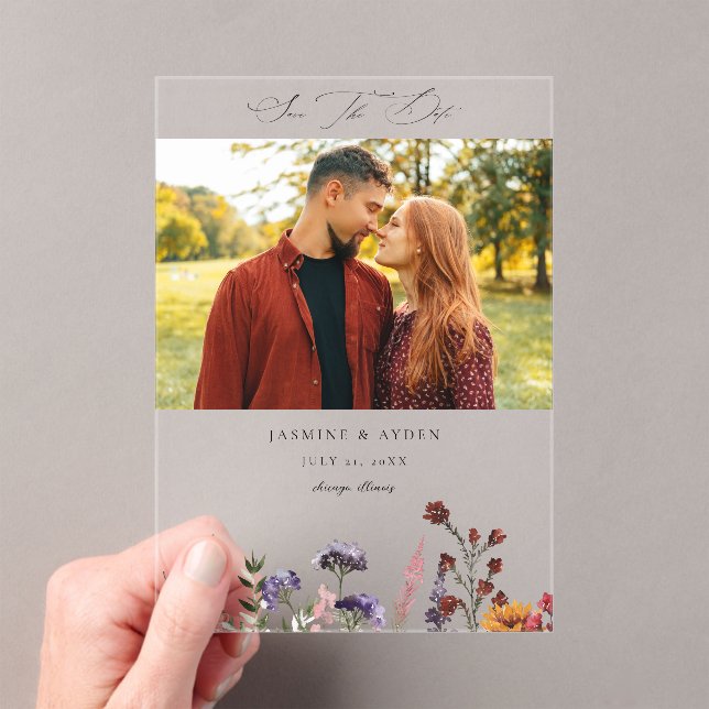 Sunflower & Wildflowers Floral Photo Acrylic Invitations (Insitu (Handheld))