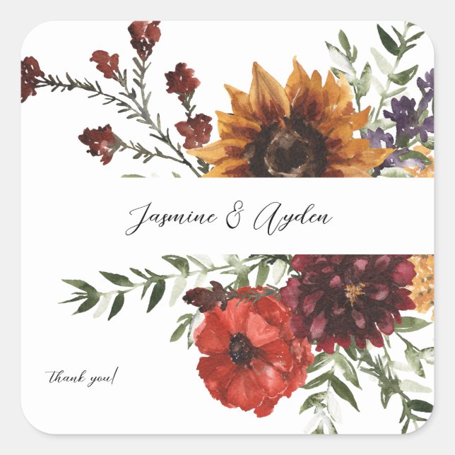 Sunflower & Wildflowers Floral Square Sticker (Front)