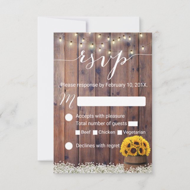 Sunflower Wine Barrel Rustic Wedding RSVP (Front)