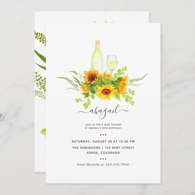 Sunflower Wine Tasting Birthday Party Invitation (Front/Back)