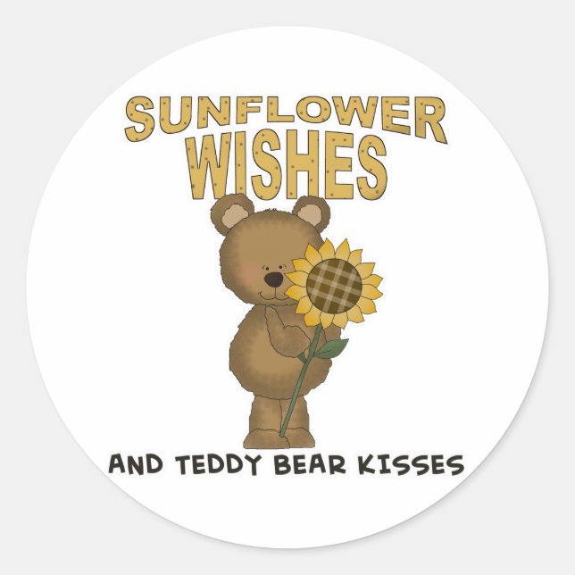 Sunflower Wishes Teddy Bear Kisses Classic Round Sticker (Front)