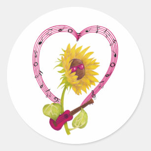 Sunflower with a Ukulele and Music Notes Classic Round Sticker