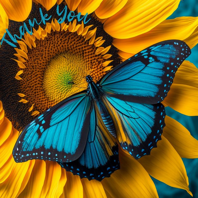 Sunflower with Aqua Blue Butterfly Thank You Card (Creator Uploaded)