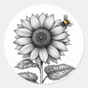Sunflower with Bee Black and White Sticker Seal