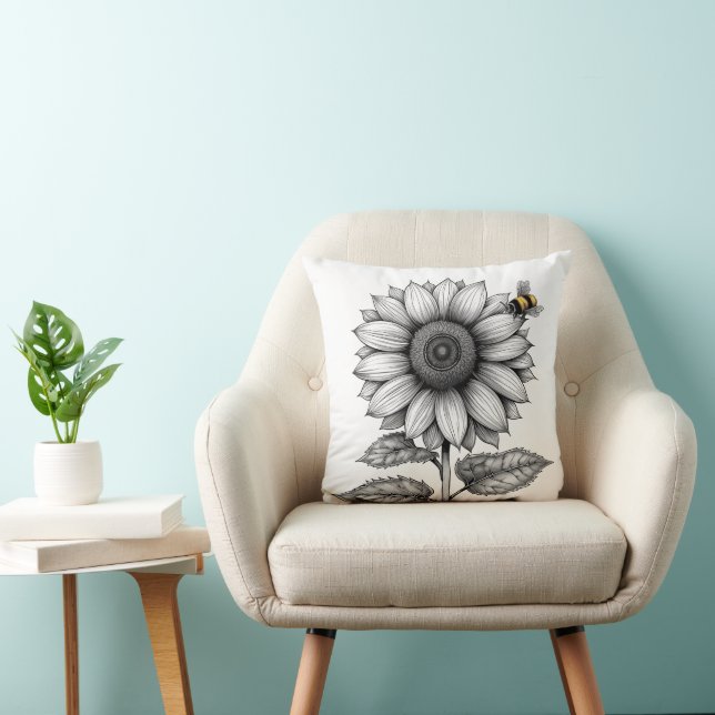 Sunflower with Bee Black and White Throw Pillow (Chair)