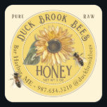 Sunflower with Bees Honey Bear Label 8 & 12 oz<br><div class="desc">A square yellow label with vintage sunflower illustration and realistic bees.  The word "Honey" is written in a decorative brown font.</div>