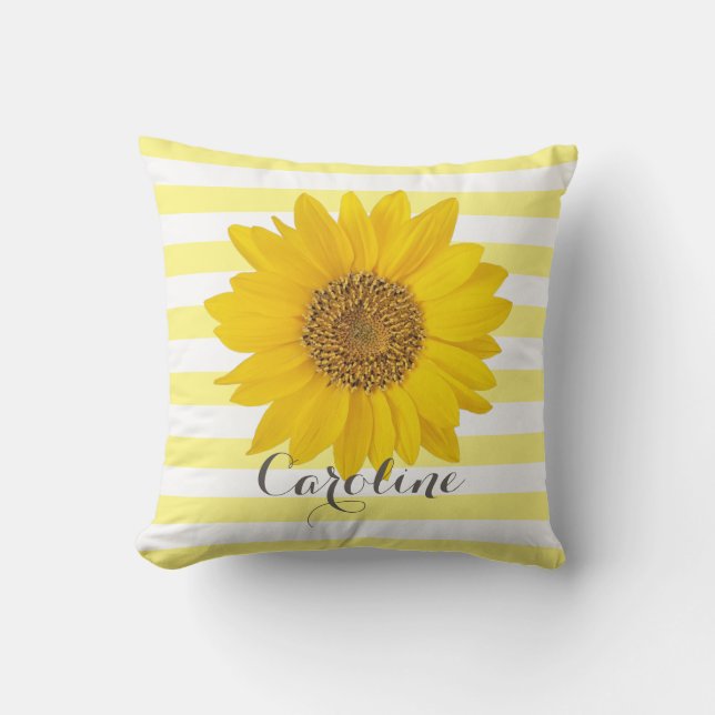 Sunflower with Custom Name Yellow Striped Cushion (Front)