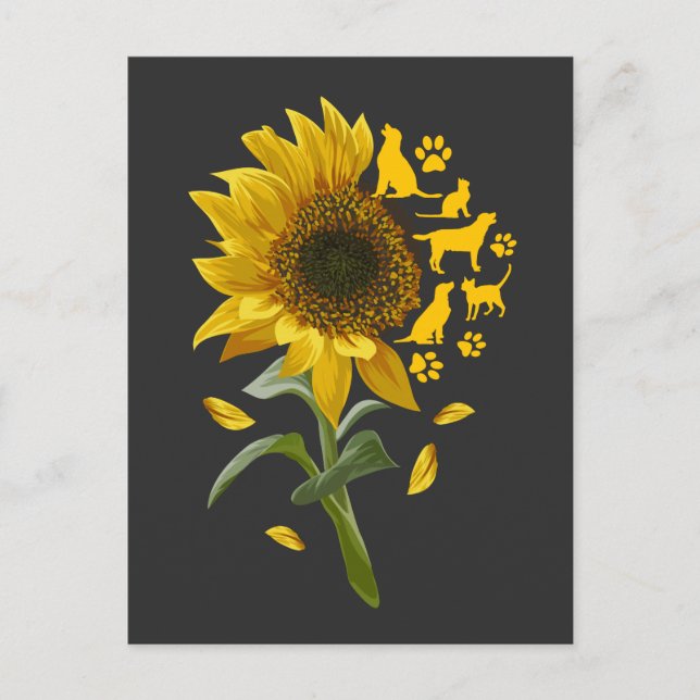 Sunflower with Dog and Cat Paw Feline Puppy Art Postcard (Front)