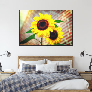 Sunflower with Leaves Matte Black Wood Frame Wall Canvas Print