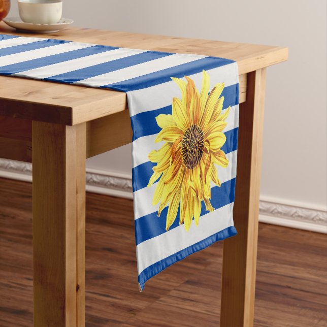 Sunflower with  Navy Stripes Short Table Runner (In Situ)
