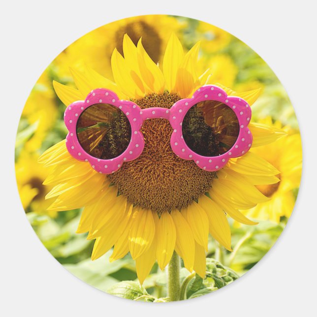 Sunflower with Sunglasses  Classic Round Sticker (Front)